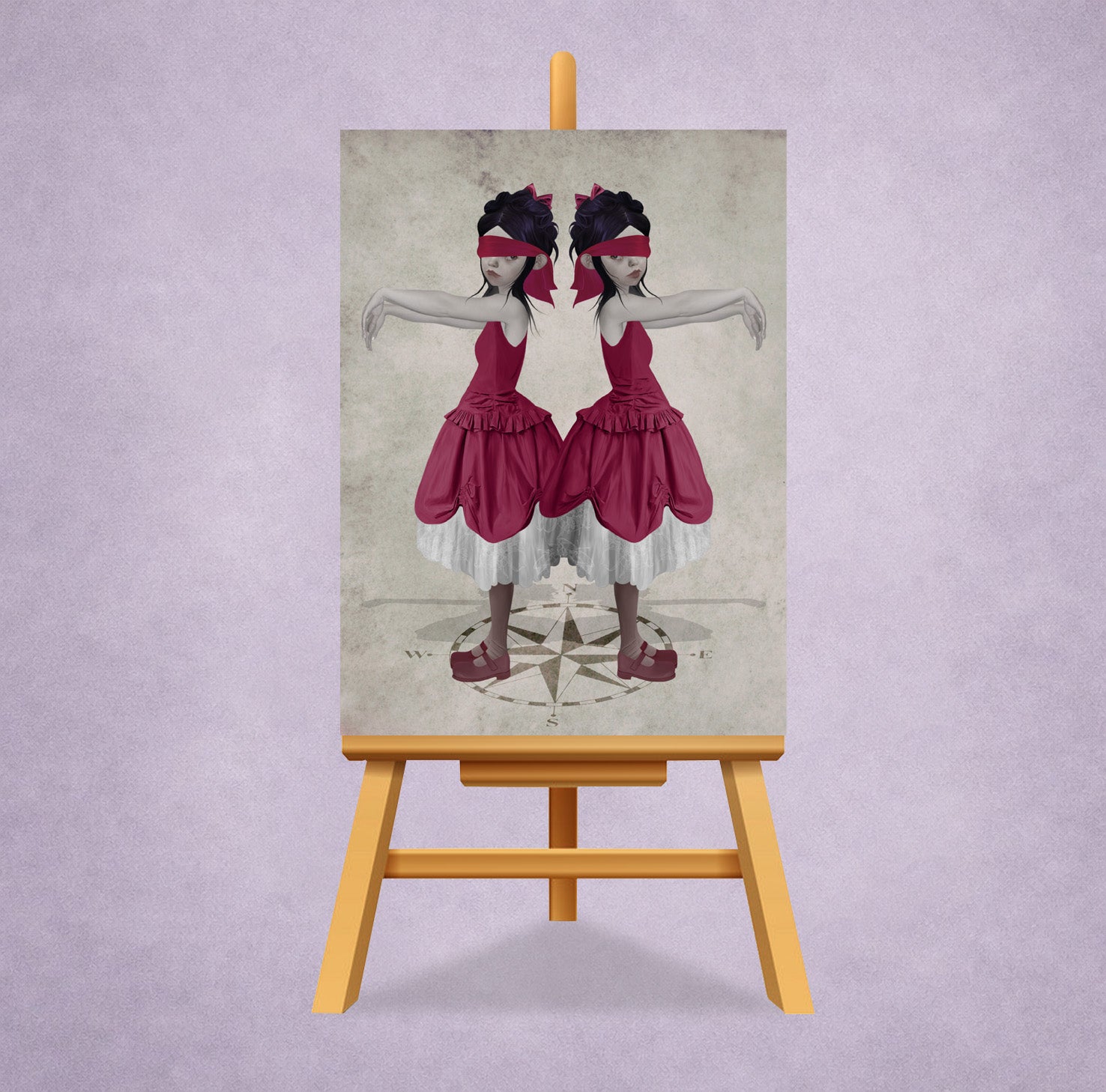 ACEO art card featuring two creepy twin sisters blindfolded standing on a compass on a small display stand.