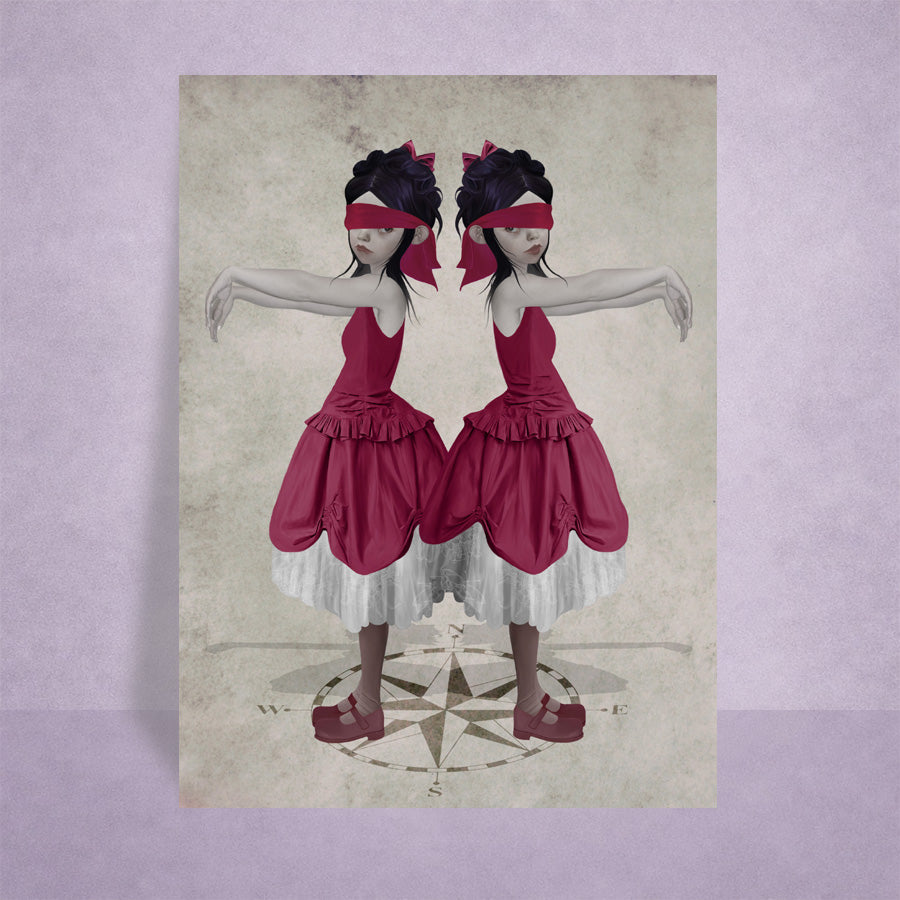 ACEO Card Artistic of twin sisters blindfolded standing on a compass, displayed on a lilac background.