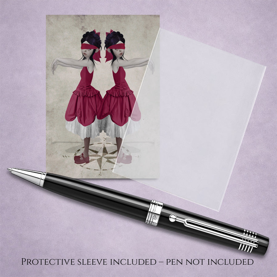 ACEO on display with Pen with protective sleeve on a purple background