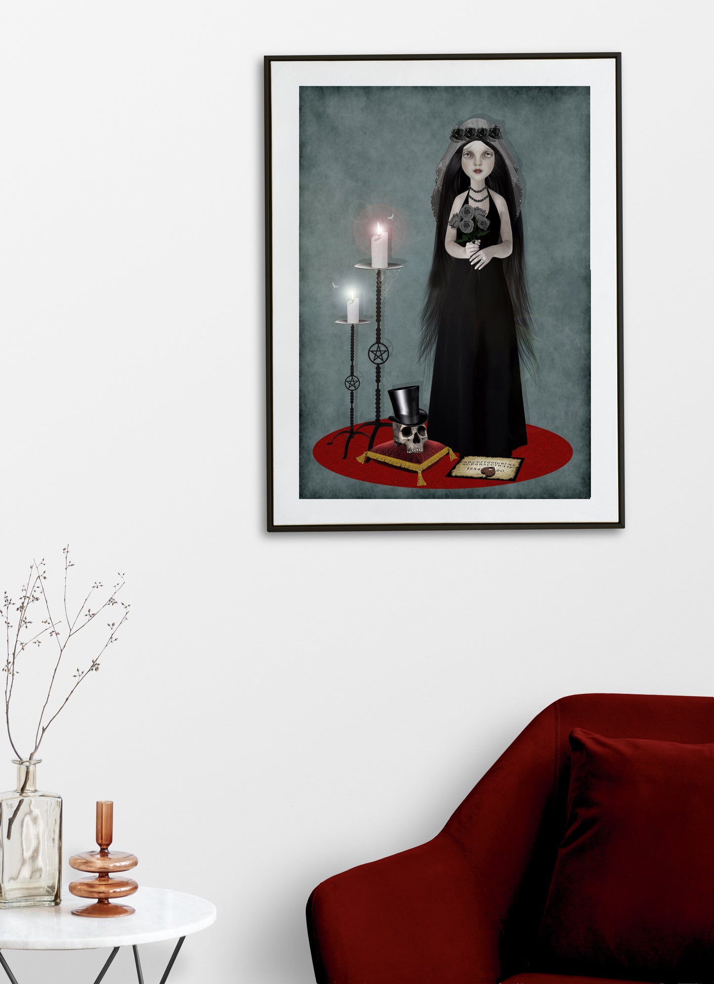 Gothic bride and skull art print, dark romance macabre home decor, unique wedding and gothic wall art.