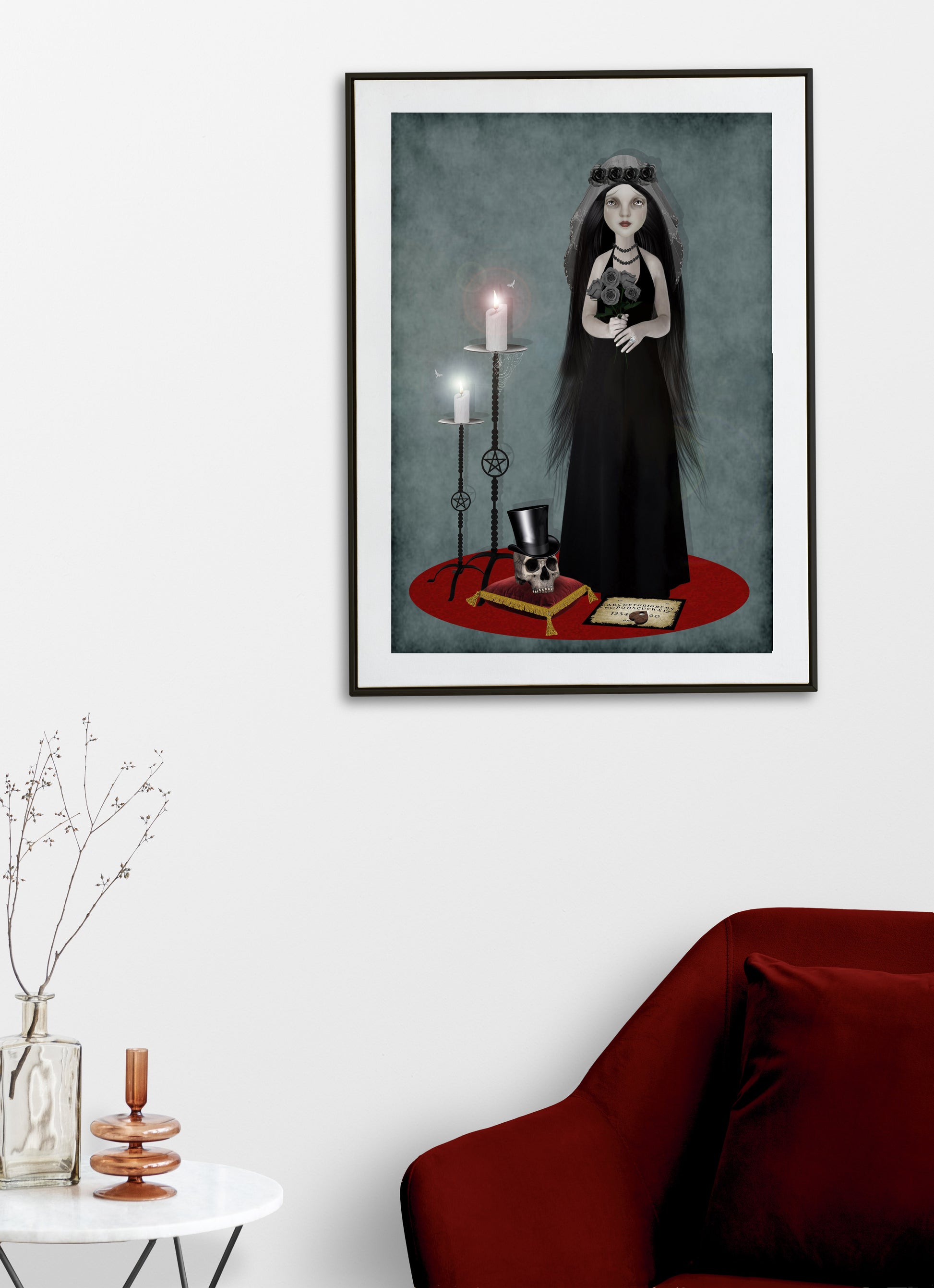 Gothic bride and skull art print, dark romance macabre home decor, unique wedding and gothic wall art.