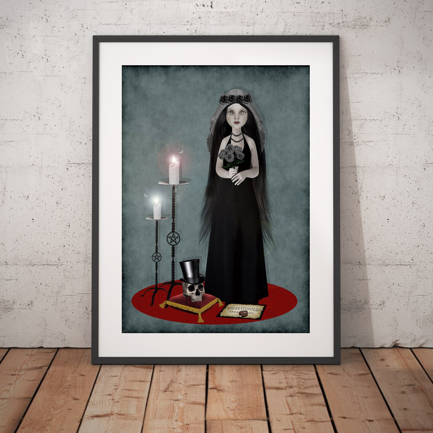 Gothic romance art print featuring a gothic bride and skull, macabre decor for gothic home and wedding themes displayed in black frame.