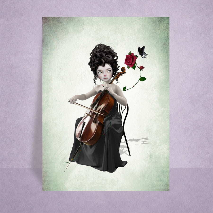 Gothic cello player ACEO art card displayed on a lilac background. Dark fantasy ACEO card featuring a whimsical miniature portrait of a female cellist with a red rose and a black butterfly.