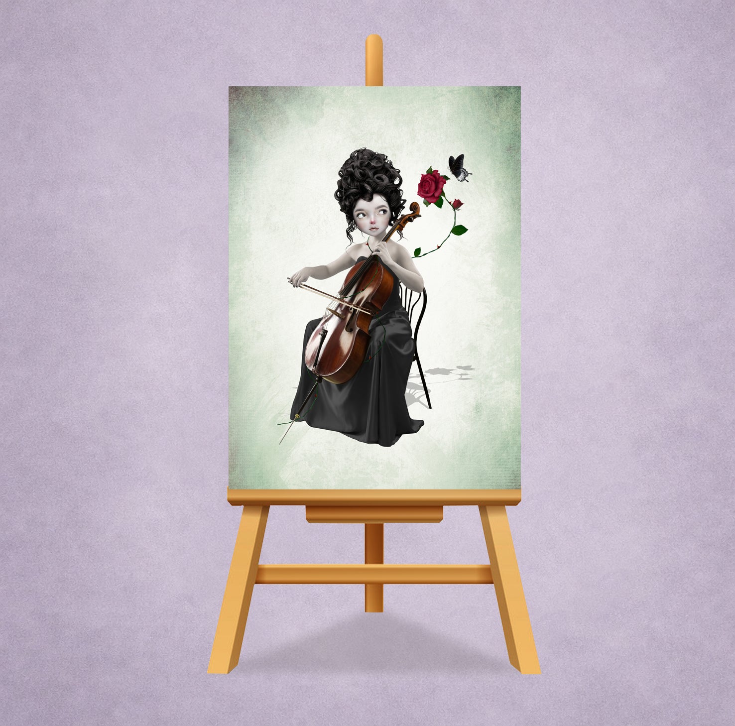 ACEO art card on a miniature display stand. A dark fantasy ACEO card featuring a whimsical miniature portrait of a female cellist with a red rose and a black butterfly