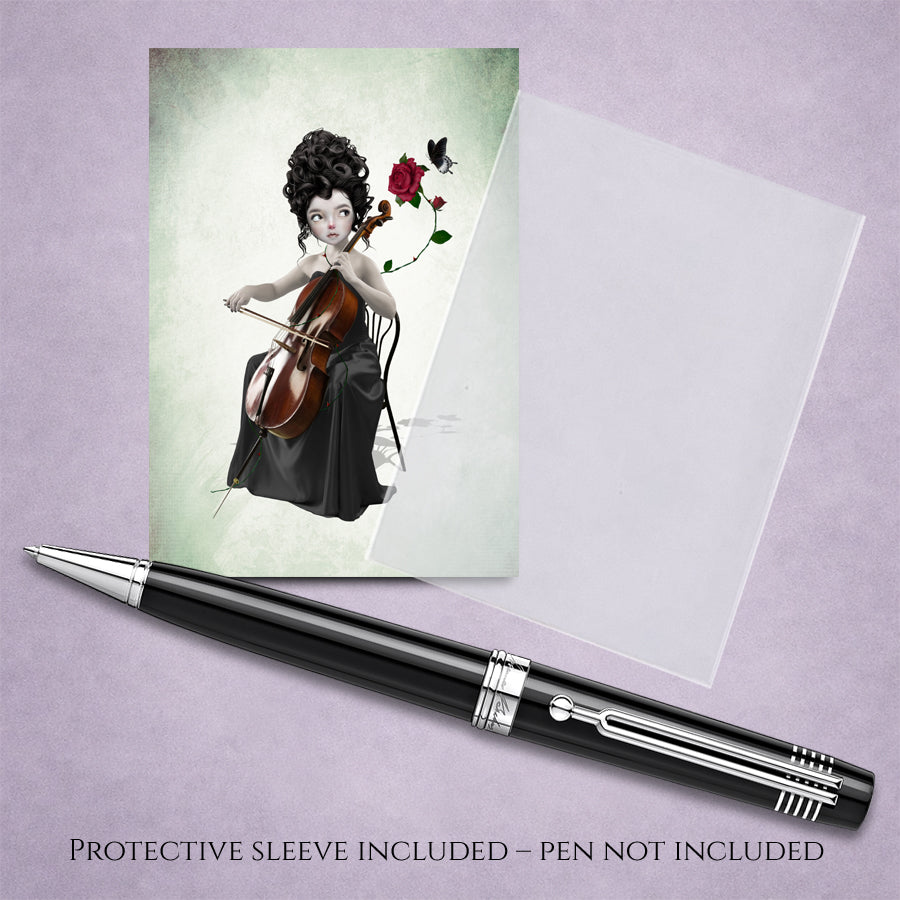 Dark fantasy ACEO card  & Protective Sleeve. A miniature portrait of a female cellist with a red rose and a black butterfly.