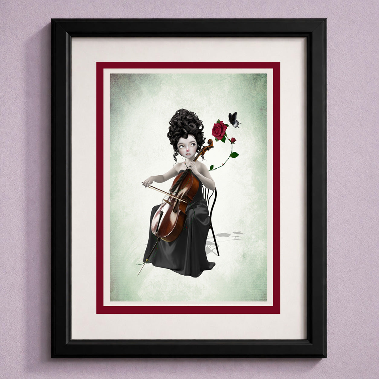 Framed art greeting card of a woman playing a cello with flowers and a butterfly on a light green background.