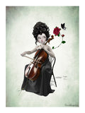 Artistic depiction of a woman playing a cello with a rose and butterfly on a textured green background