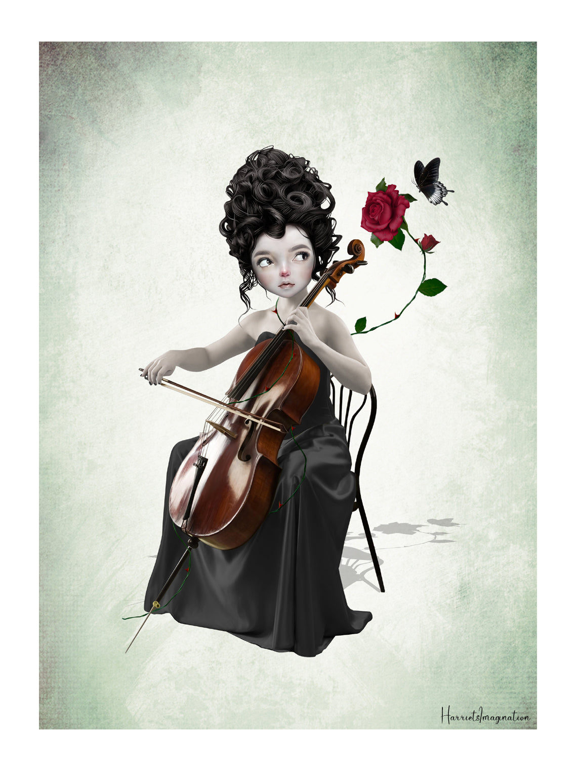 Artistic depiction of a woman playing a cello with a rose and butterfly on a textured green background
