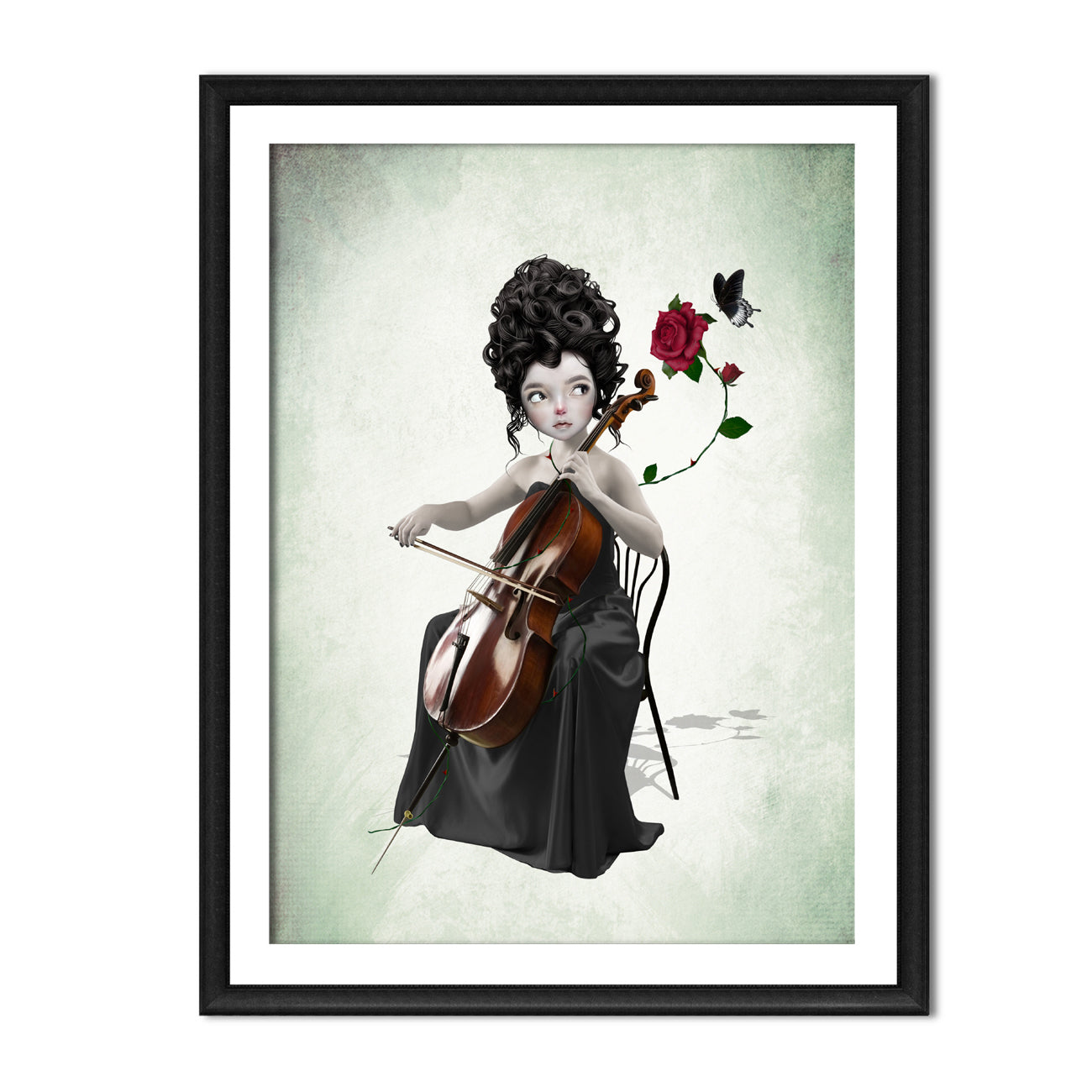 Framed artwork of a woman playing a cello with a rose and butterfly on a light green background