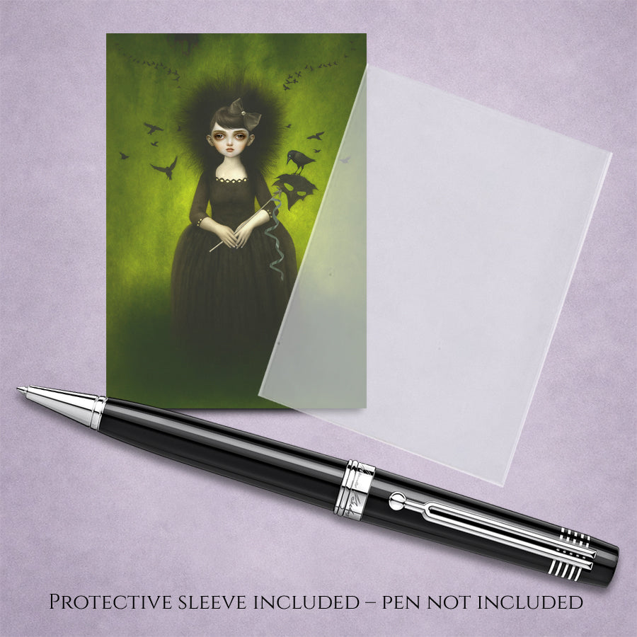 Gothic Crow Girl ACEO art card with a dark-themed illustration of a woman and birds, pen, and protective sleeve on a light purple background.