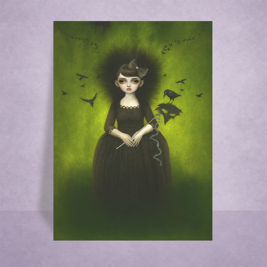 ACEO art card featuring a depiction of a woman in a black dress with birds on a green background