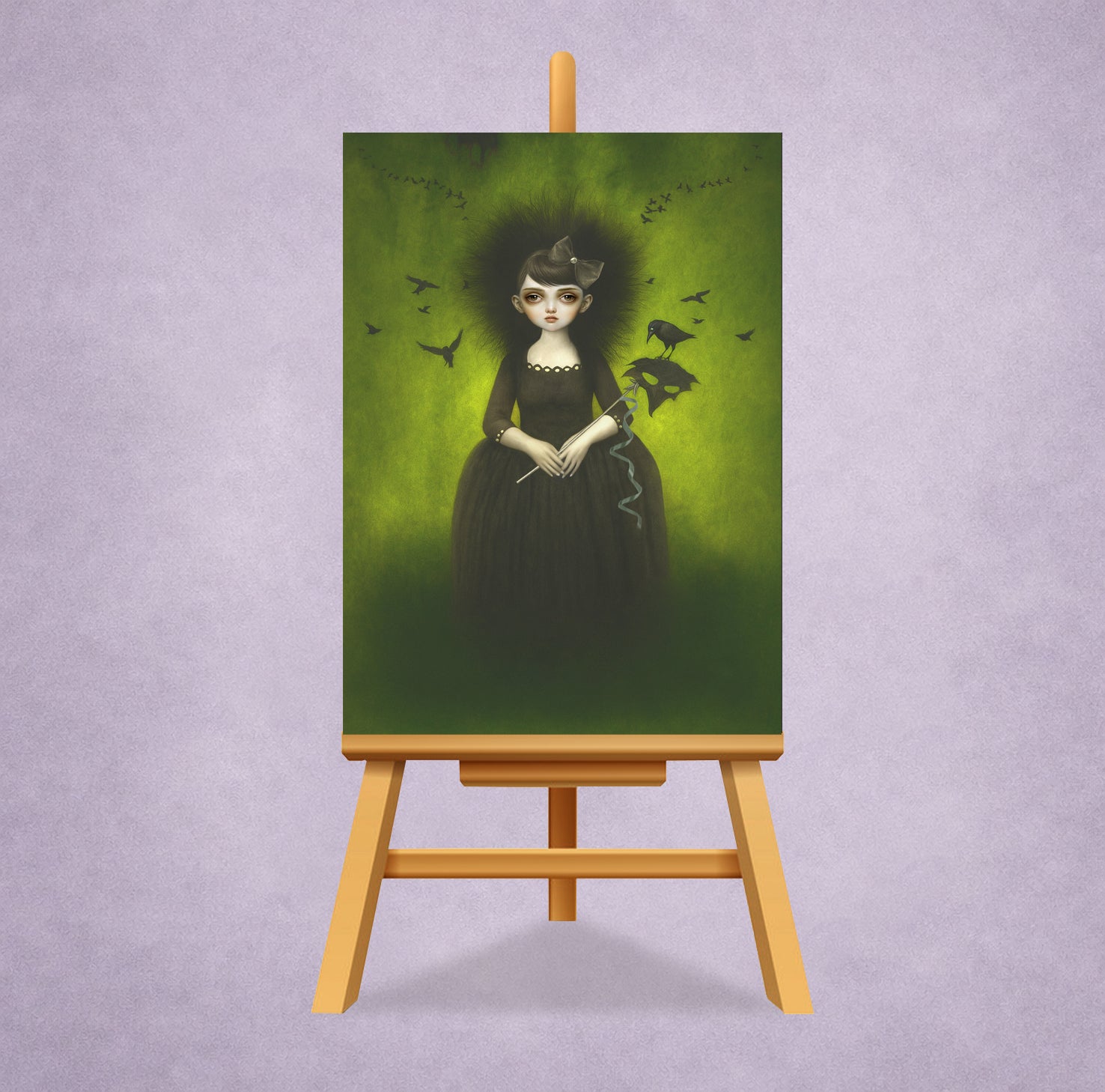 ACEO of a woman in a dark dress on a green background surrounded by crows, displayed on an easel against a light purple wall.