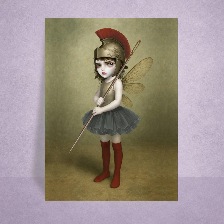 surreal fantasy ACEO miniature art card on a lilac background. Featuring a fierce, big-eyed dark fairy dressed as an ancient warrior—complete with a plumed Roman helmet and a sewing needle spear.