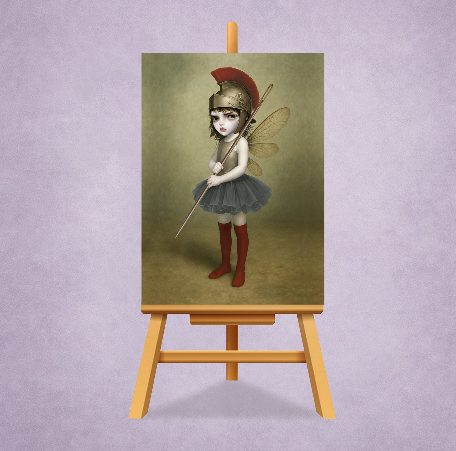 Surreal fantasy ACEO miniature art card on a small display stand. Featuring a fierce, big-eyed dark fairy dressed as an ancient warrior—complete with a plumed Roman helmet and a sewing needle spear.