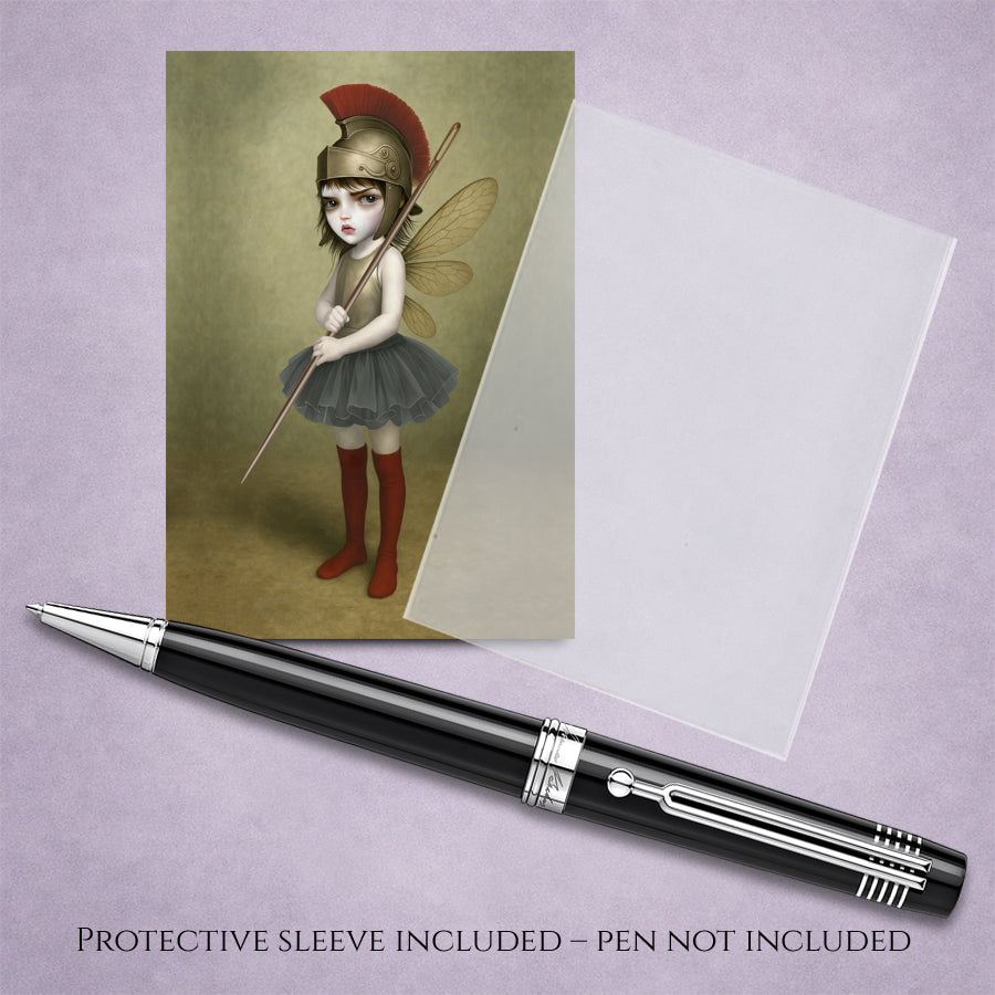 surreal fantasy ACEO miniature art card with protective sleeve. Featuring a fierce, big-eyed dark fairy dressed as an ancient warrior—complete with a plumed Roman helmet and a sewing needle spear.