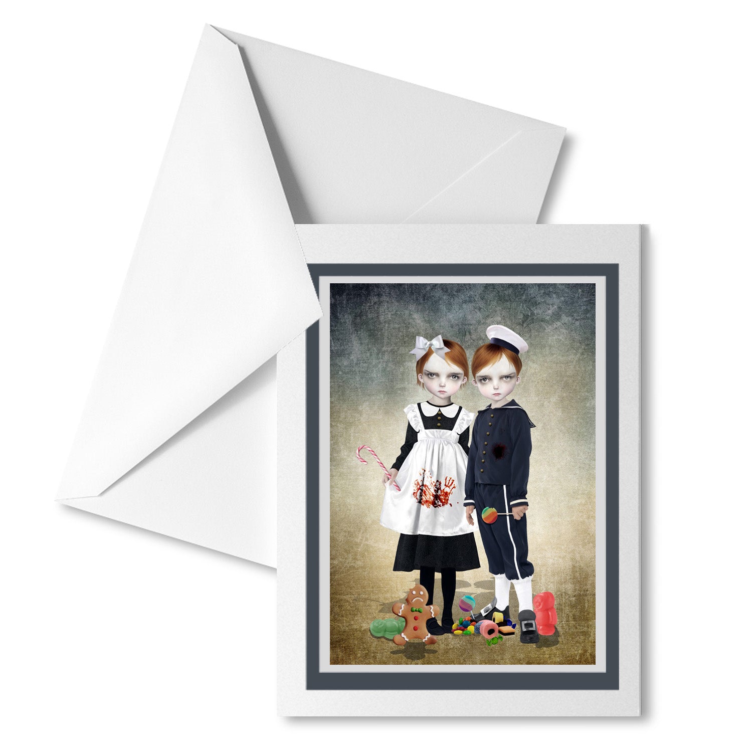 Gothic fairy tale art greeting card. Featuring Hansel and Gretel surrounded by blood and sweet treats.
