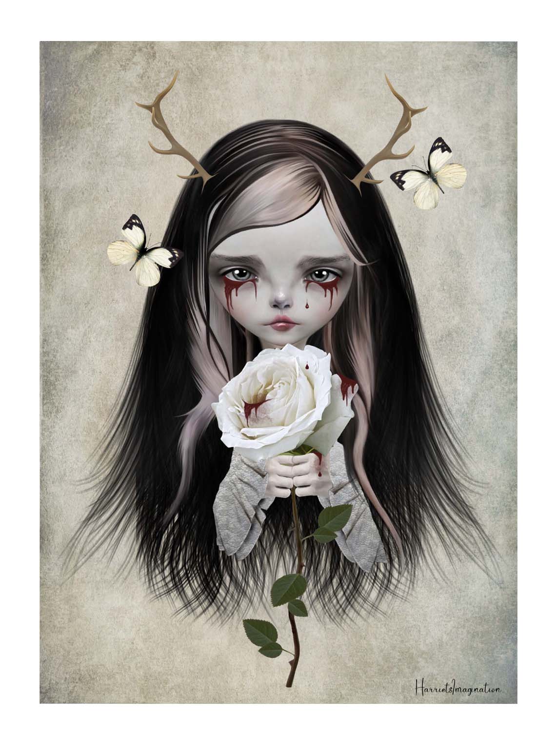 Gothic Fairy Tale Art Print. Featuring a hauntingly beautiful antlered girl with blood dripping from her eyes and clutching white roses, this surreal fantasy wall art 
