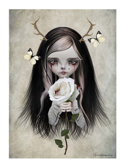 Gothic Fairy Tale Art Print. Featuring a hauntingly beautiful antlered girl with blood dripping from her eyes and clutching white roses, this surreal fantasy wall art 