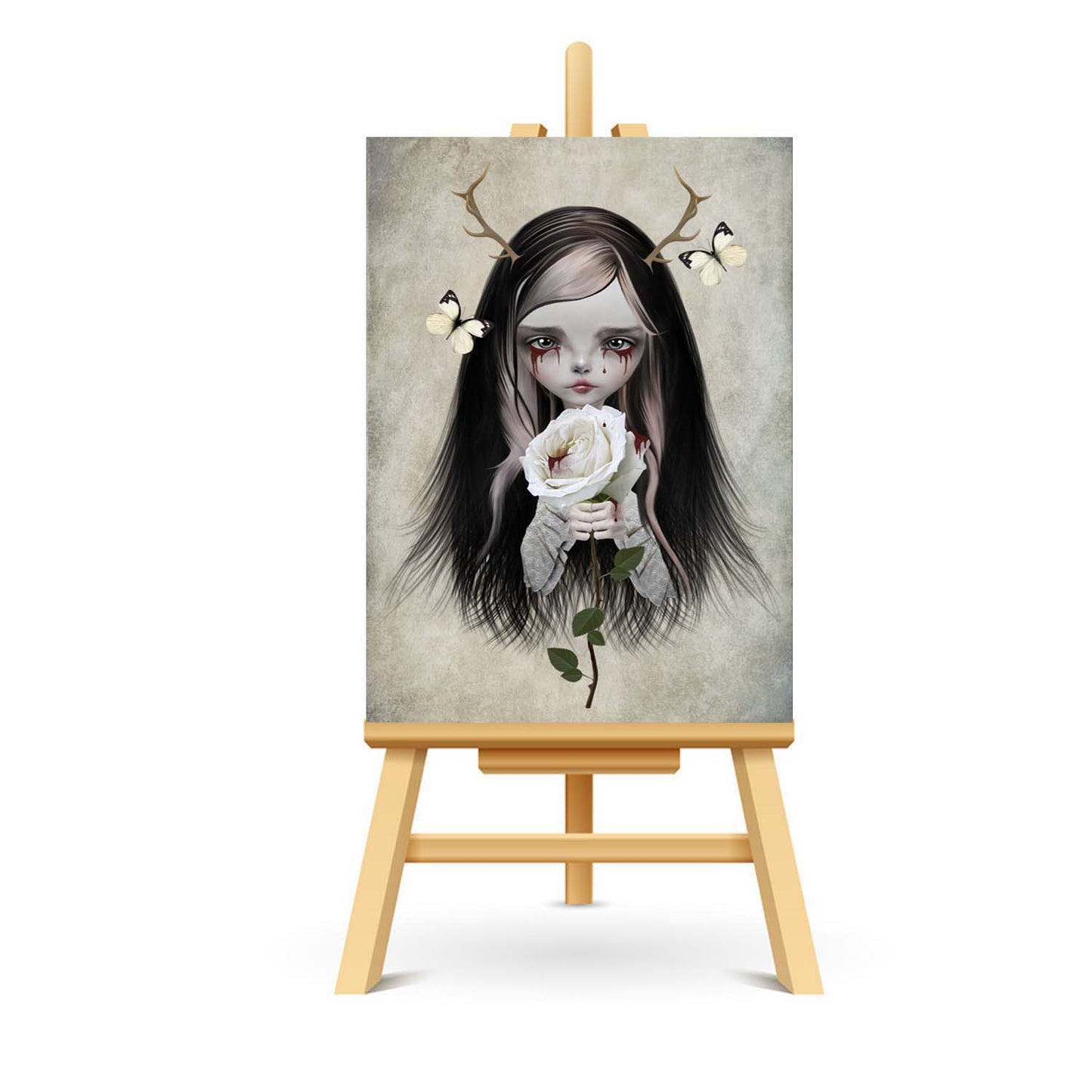 Gothic Fairytale ACEO. Image is Rose Red adorning antlers and bleeding eyes, clutching a white rose. Witness the crimson tears that have stained this delicate flower.