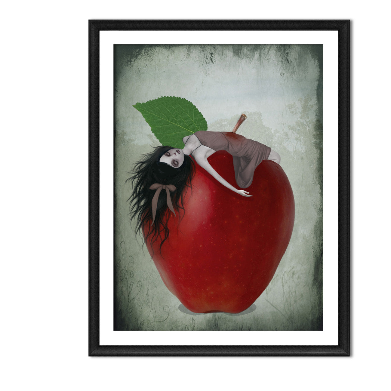 Gothic Fairytale depiction of Snow White impaled on the stalk of  a red apple with a green leaf, framed against a textured background.