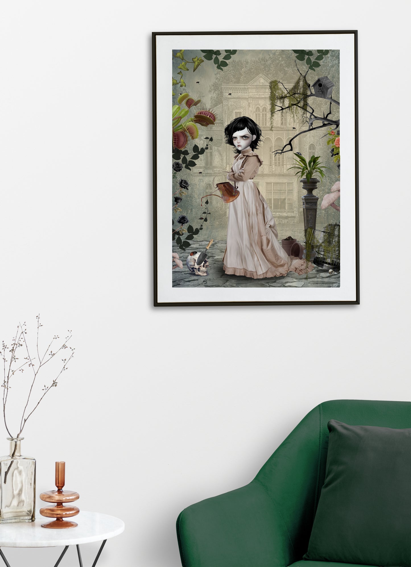 Framed gothic Contrary Mary art on living room wall, featuring dark nursery rhyme theme with surreal elements.
