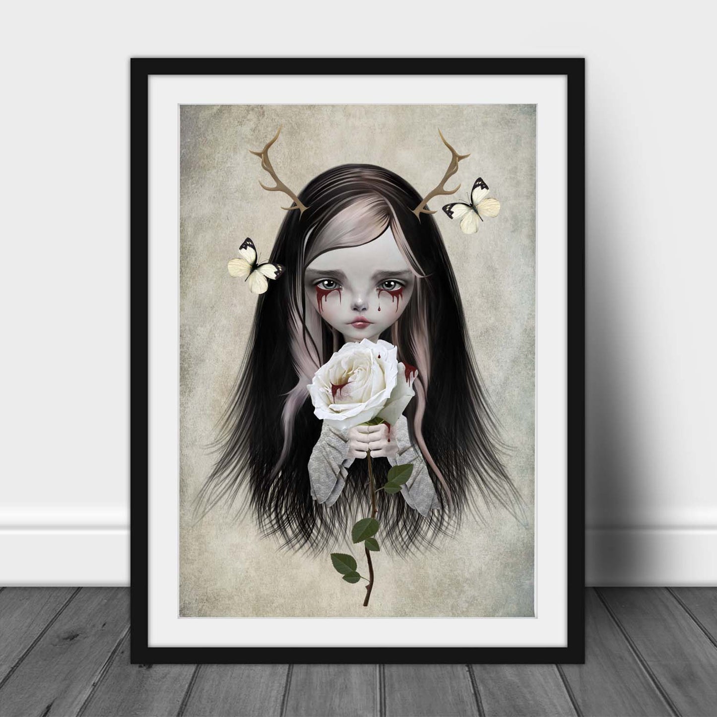 Gothic Fairy Tale Art Print. An antlered girl with blood dripping from her eyes and clutching a white rose.