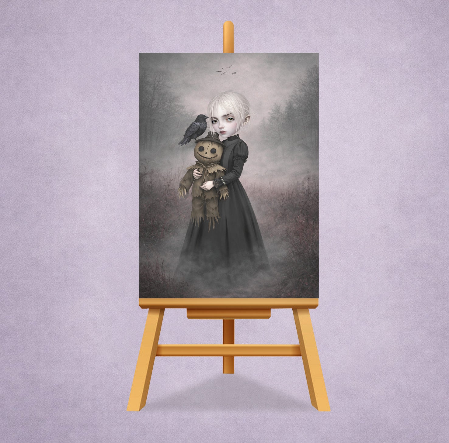 Gothic ACEO Card on a small display stand features a pale, platinum-haired girl holding a stitched, creepy-cute scarecrow doll. Accompanied by a watchful black crow amidst a misty, atmospheric landscape,