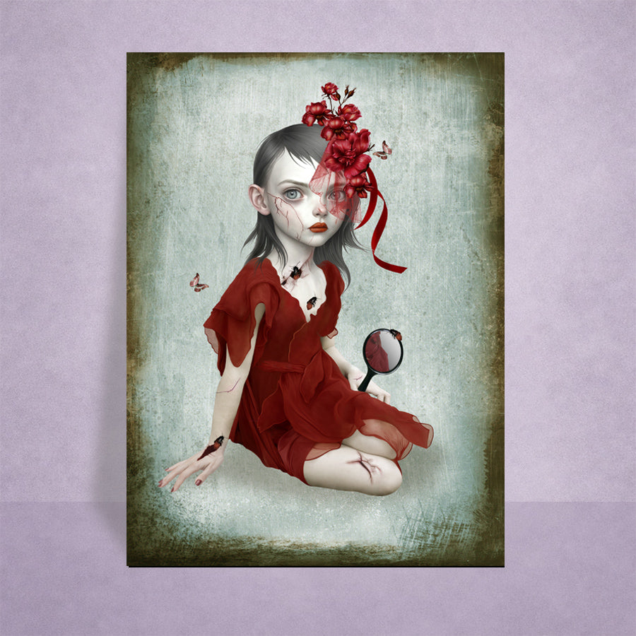 ACEO art card displayed on a lilac background. Dark fantasy surrealism miniature print featuring a gothic girl in a red dress with cracked skin and bugs.