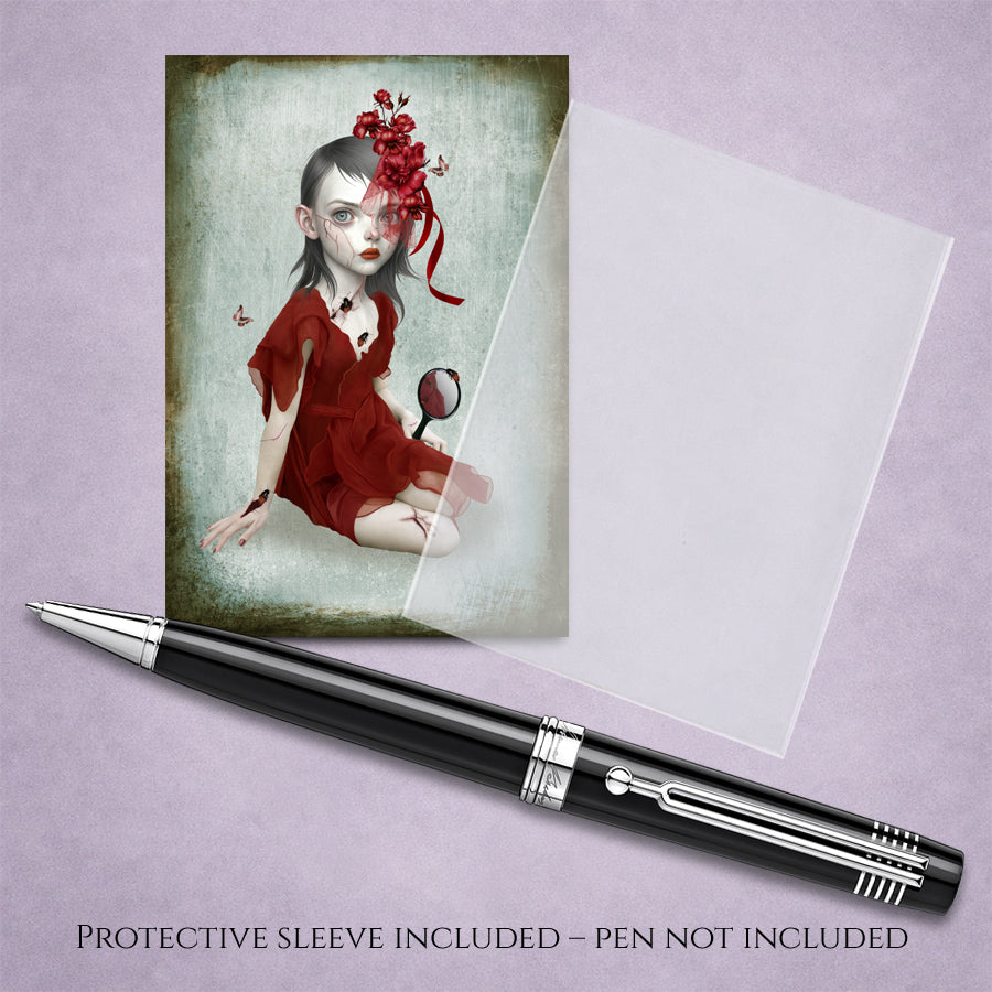 ACEO art card with protective sleeve. Dark fantasy surrealism miniature print featuring a gothic girl in a red dress with cracked skin and bugs.