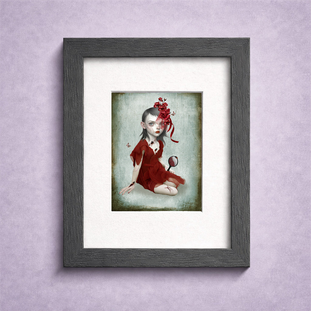 Framed ACEO art print. Dark fantasy surrealism miniature print featuring a gothic girl in a red dress with cracked skin and bugs.
