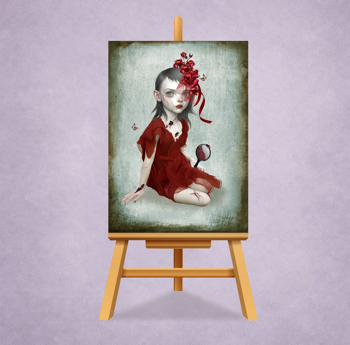 ACEO art card on display stand. Dark fantasy surrealism miniature print featuring a gothic girl in a red dress with cracked skin and bugs.