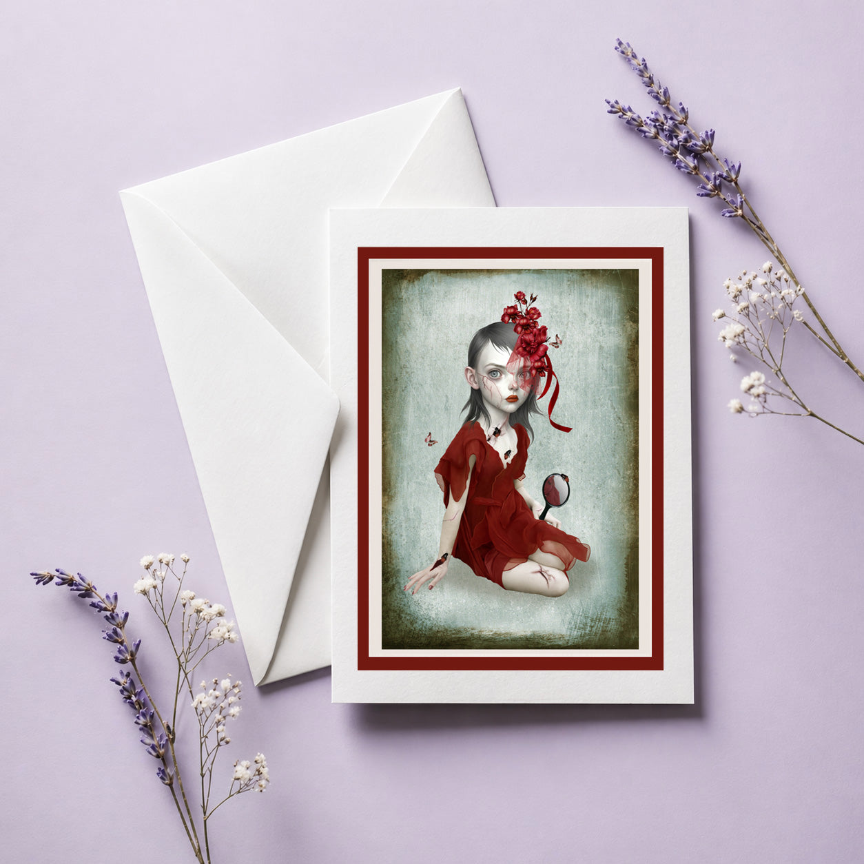 Gothic greeting card with envelope featuring dark surrealism art of a girl with bugs crawling from cracked skin. 
