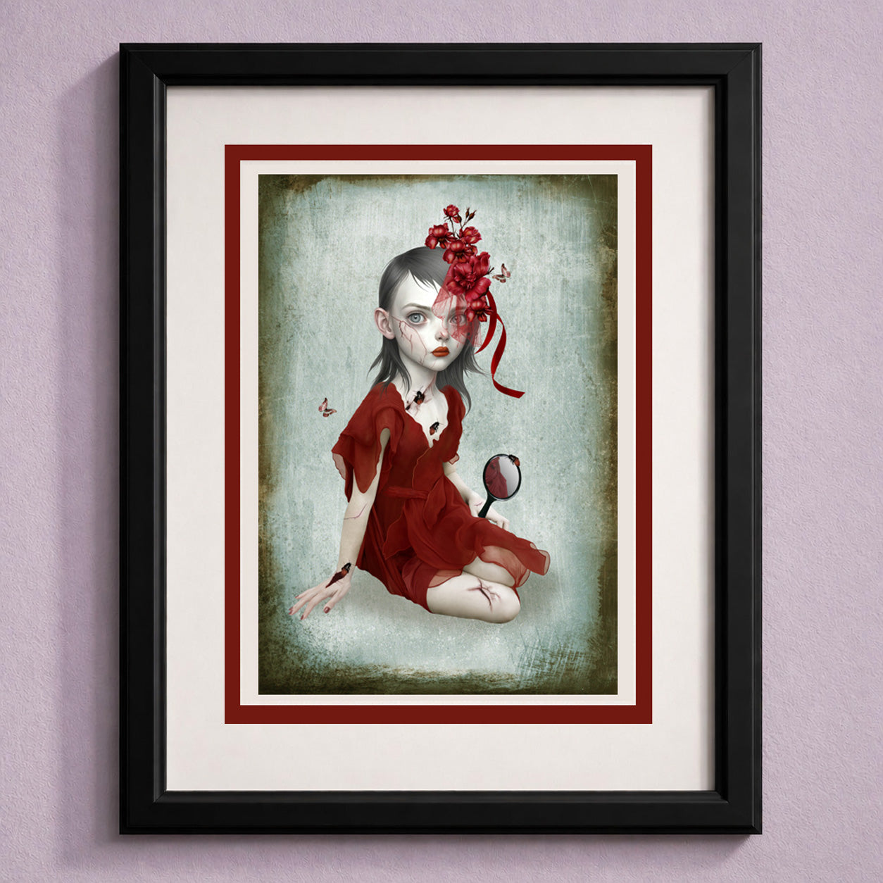 Framed gothic greeting card featuring dark surrealism art of a girl with bugs crawling from cracked skin. 