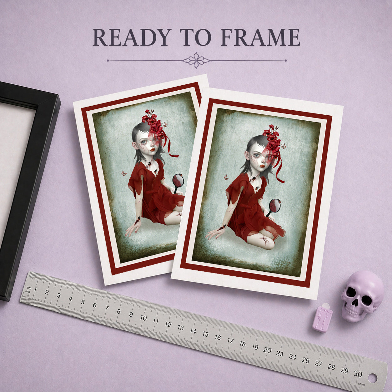 Ready to frame gothic greeting card featuring dark surrealism art of a girl with bugs crawling from cracked skin. 