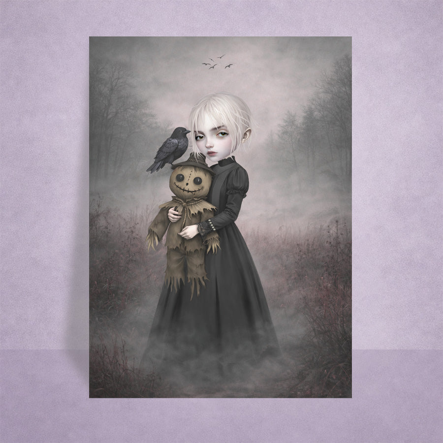 Gothic ACEO Card displayed on a lilac background features a pale, platinum-haired girl holding a stitched, creepy-cute scarecrow doll. Accompanied by a watchful black crow amidst a misty, atmospheric landscape,