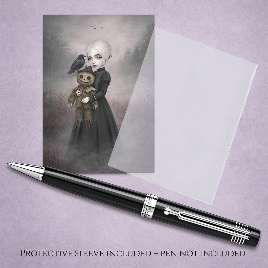 Gothic ACEO Card with a protective sleeve features a pale, platinum-haired girl holding a stitched, creepy-cute scarecrow doll. Accompanied by a watchful black crow amidst a misty, atmospheric landscape,