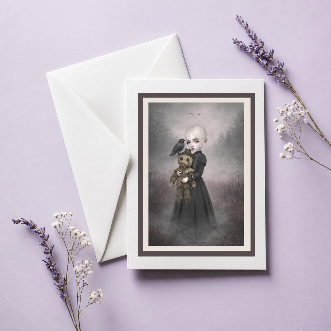 This eerie greeting card & Envelope features a pale, platinum-haired girl in a dark Victorian-style dress cradling a stitched, creepy-cute scarecrow doll.