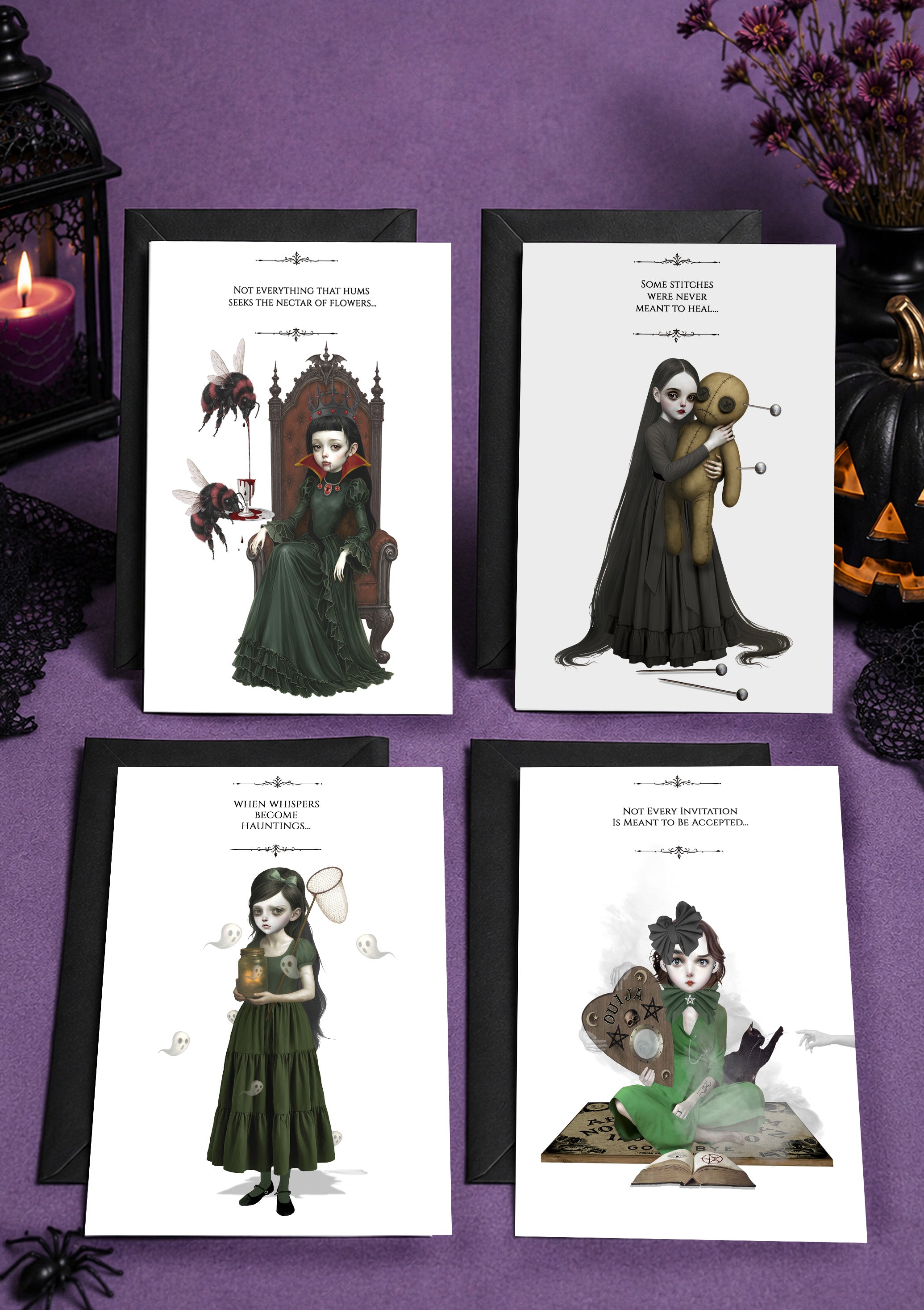 Gothic Halloween Greeting Card Set of 4 with black envelopes and dark artwork