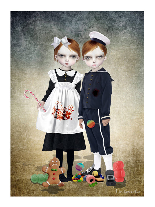 Gothic Fairy tale art print features a creepy and compelling depiction of the infamous villains, Hansel and Gretel. With a darkly whimsical tone.