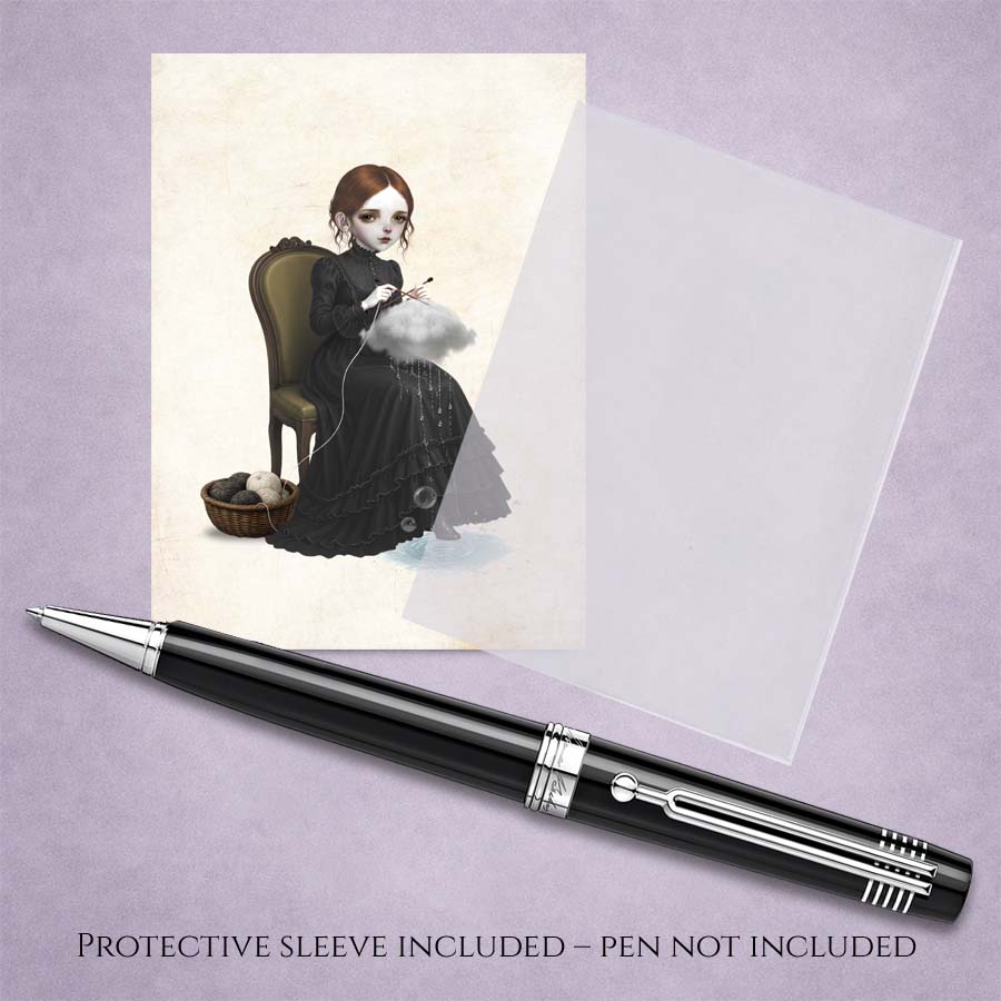 A miniature gothic ACEO art card with protective sleeve featuring a surreal illustration of a girl knitting a raincloud while sitting on a vintage chair.