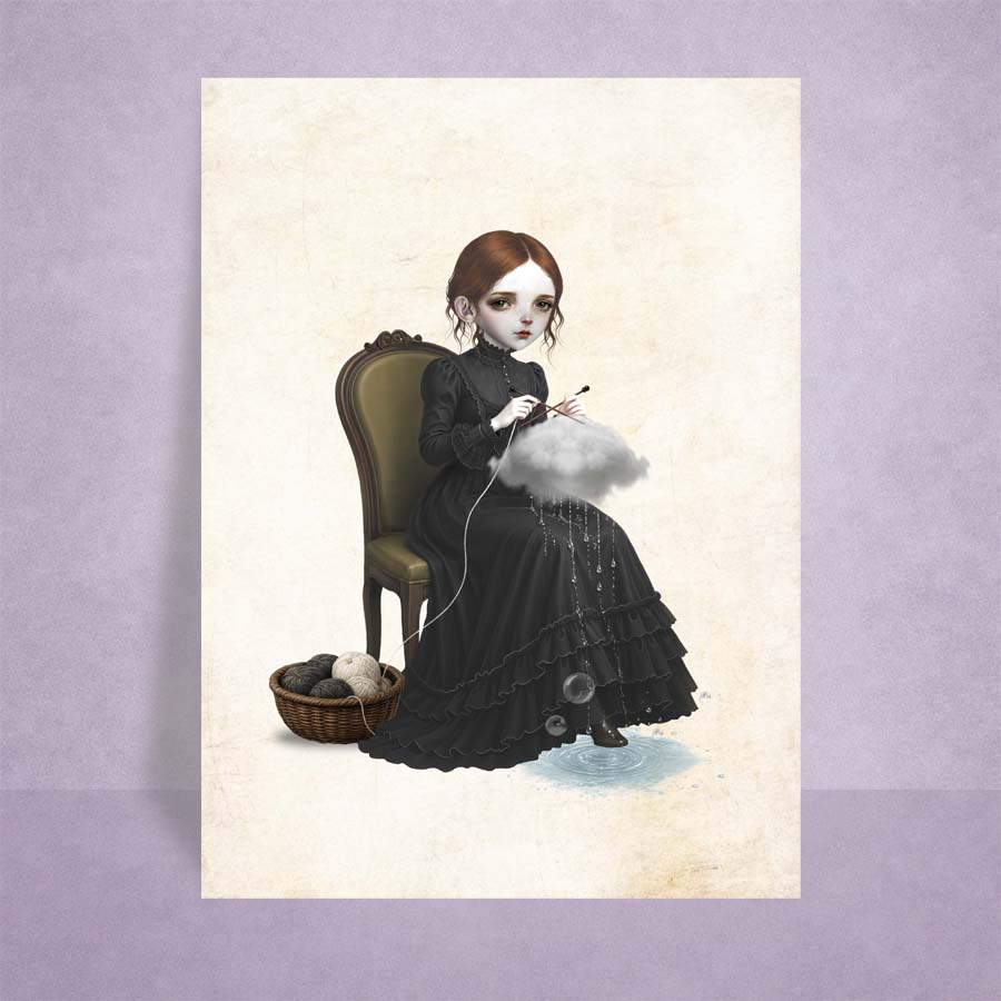 A miniature gothic ACEO art card against a lilac background featuring a surreal illustration of a girl knitting a raincloud while sitting on a vintage chair.