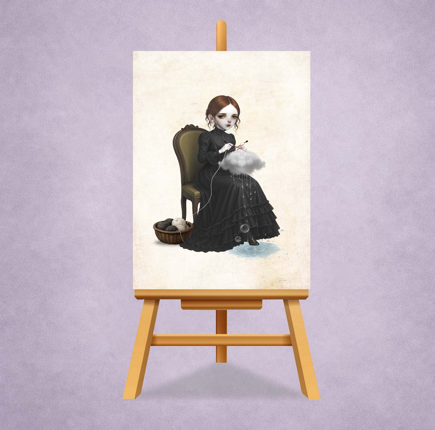 A miniature gothic ACEO art card displayed on a miniature easel featuring a surreal illustration of a girl knitting a raincloud while sitting on a vintage chair.