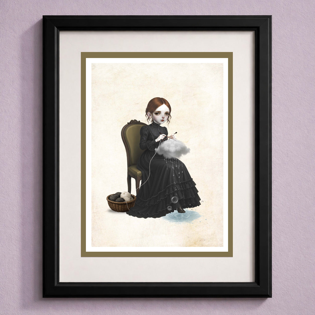 Framed alternative art greeting card featuring a dark whimsy pop surrealism illustration of a girl knitting a raincloud while sitting on a vintage chair.