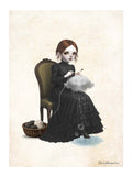 A dark whimsy pop surrealism illustration of a pale girl with brown hair in a black Victorian ruffled dress sitting on a vintage chair, using knitting needles to knit a grey rain cloud that drips water drops into a puddle at her feet next to a basket of yarn