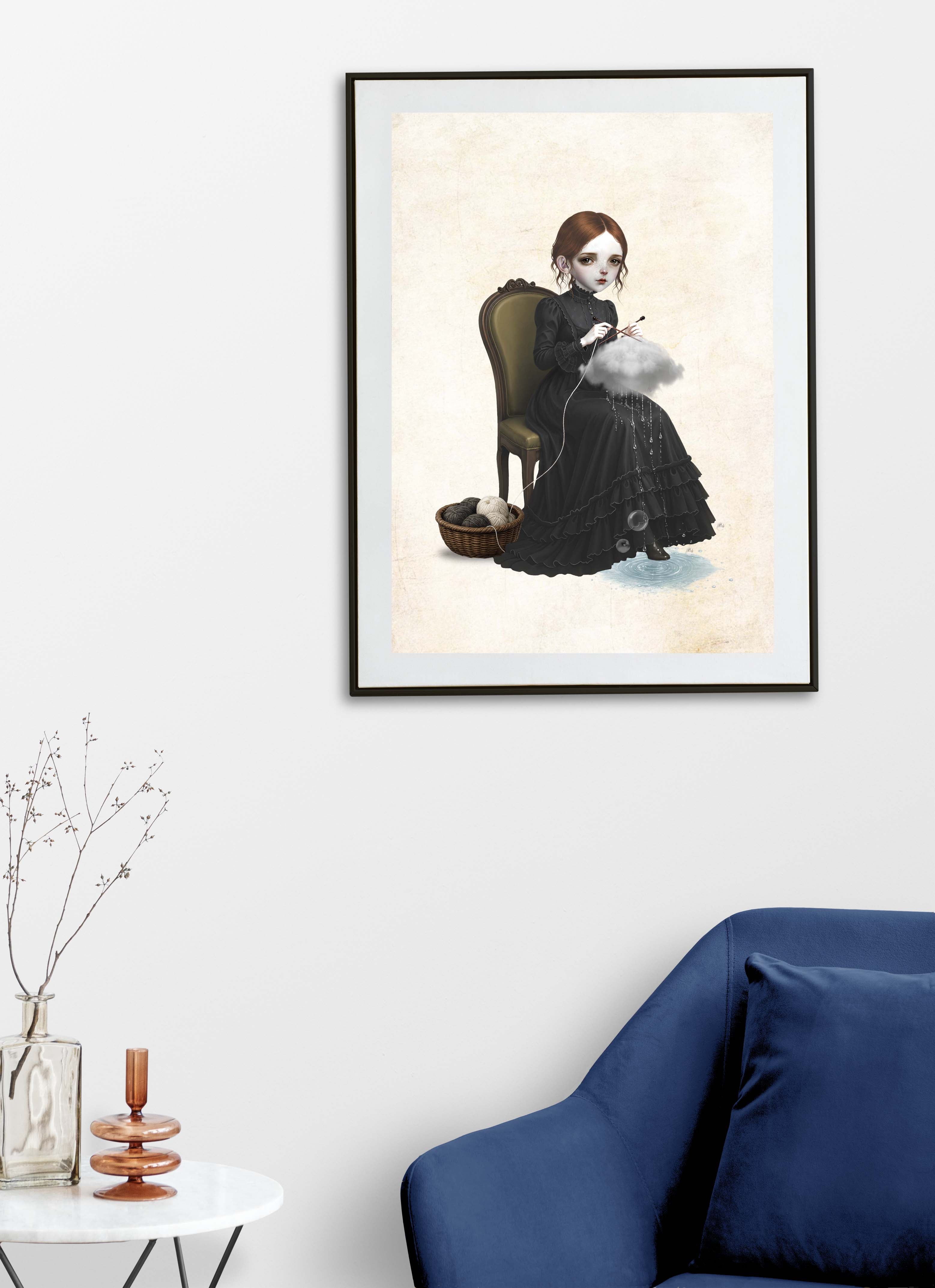 A dark whimsy pop surrealism illustration framed on a living room wall of a pale girl with brown hair in a black Victorian ruffled dress sitting on a vintage chair, using knitting needles to knit a grey rain cloud that drips water drops into a puddle at her feet next to a basket of yarn.