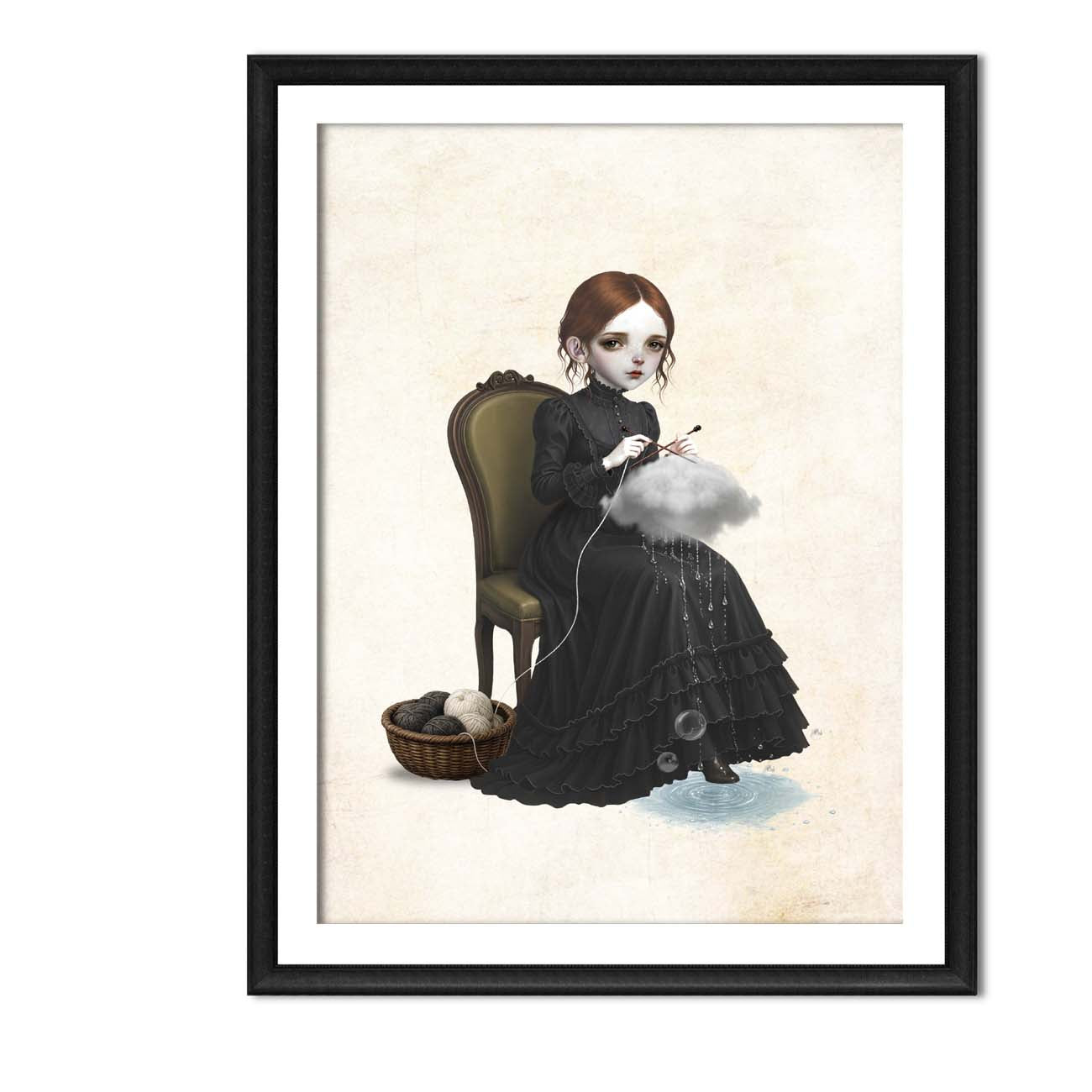A dark whimsy pop surrealism art print in an A4 frame of a pale girl with brown hair in a black Victorian ruffled dress sitting on a vintage chair, using knitting needles to knit a grey rain cloud that drips water drops into a puddle at her feet next to a basket of yarn.