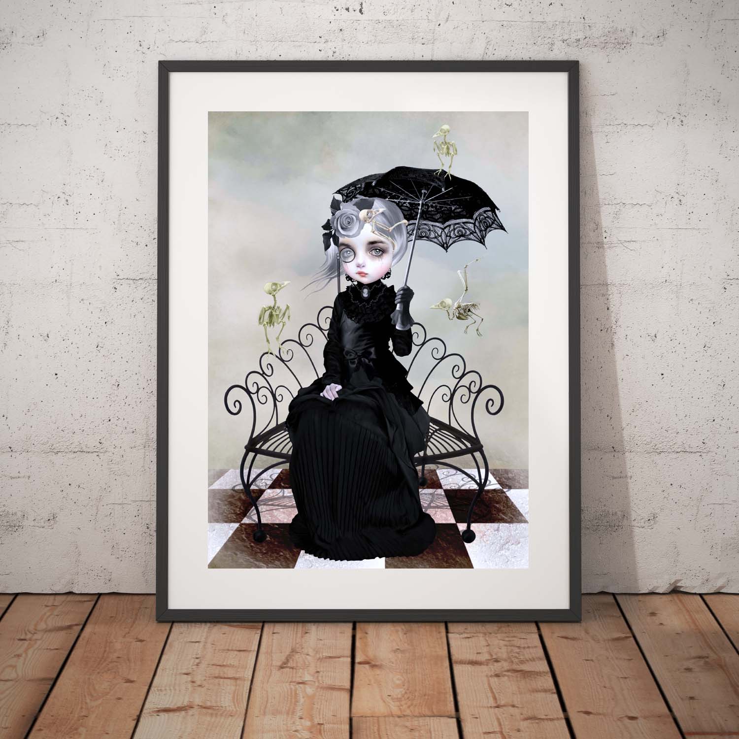 Melancholy art print. A Victorian lady surrounded by the eerie remains of her beloved birds. 