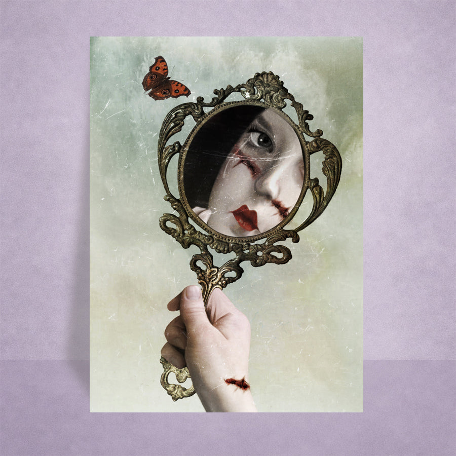 Dark surrealism ACEO art card on lilac display featuring a gothic mirror, stitched portrait reflection and butterfly.