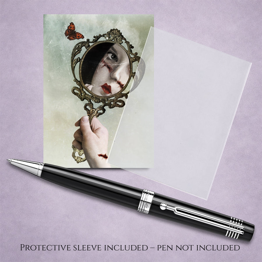 Dark surrealism ACEO art card with a protective sleeve featuring a gothic mirror, stitched portrait reflection and butterfly.