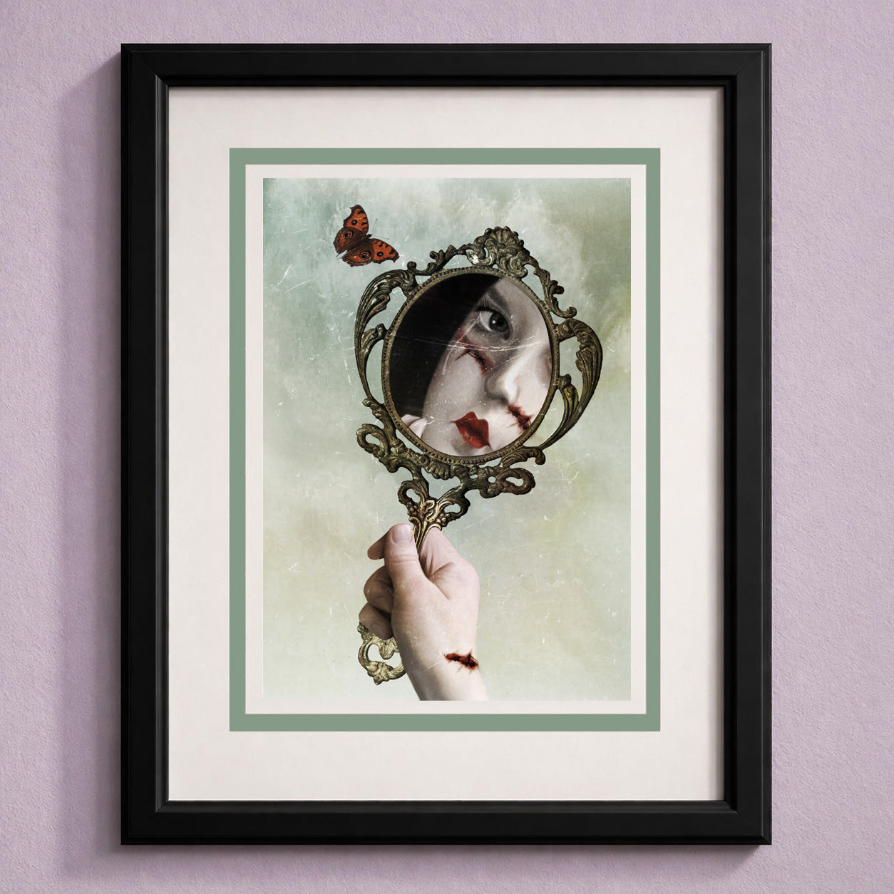 Framed gothic mirror art greeting card  The surreal artwork features a vintage mirror reflection, a butterfly, and dark fantasy imagery.